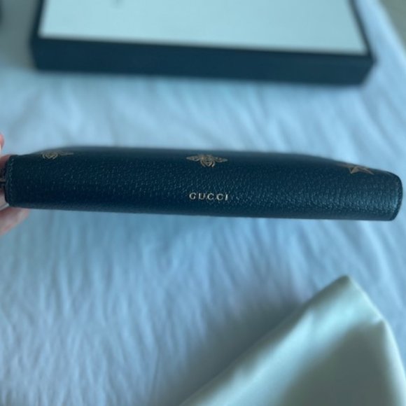 Gucci Black Leather Large Long Wallet Zip Around Gold Oro Bee Star Italy NEW - Picture 9 of 16